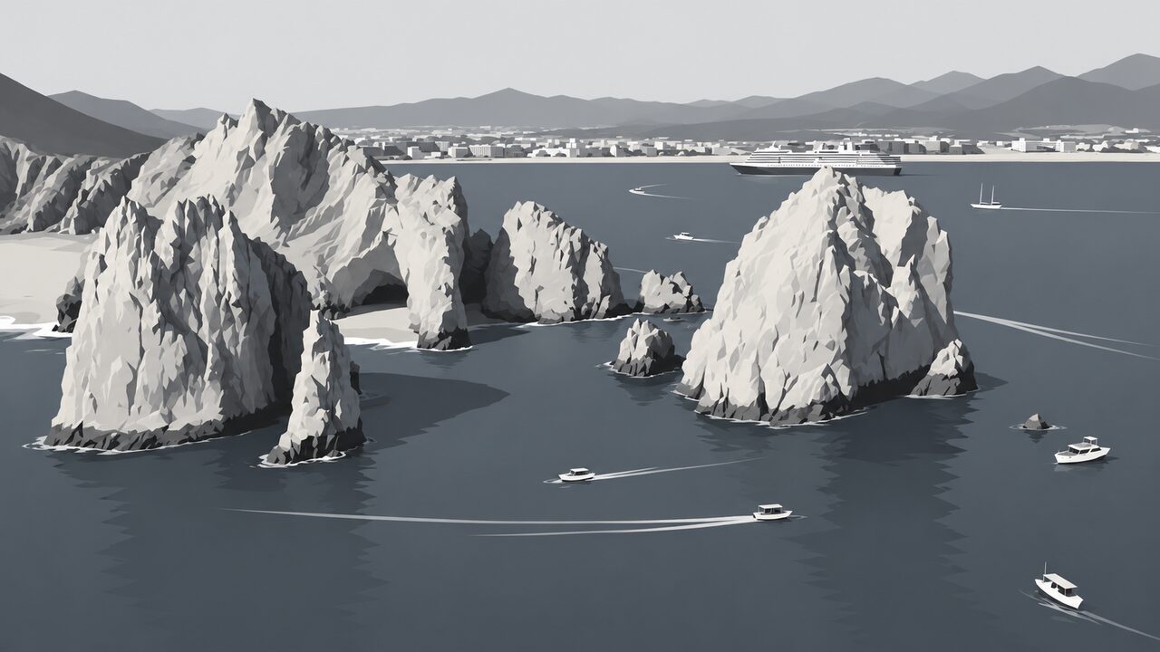 Grayscale cel-shaded illustration of coastal rock formations and boats, based on a drone photograph